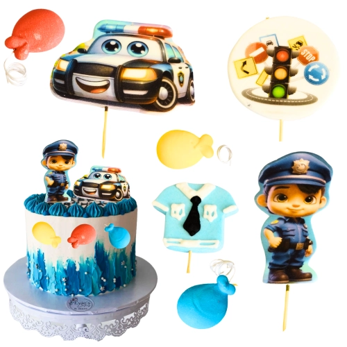 Figurki ozdoby na tort topper policja dziecko baloniki dekoracje urodzinowe zestaw cukrowy 7 sztuk